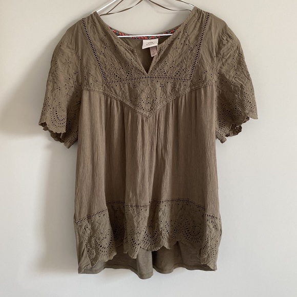Knox rose embroidered lace boho olive green short sleeve blouse Sz large - Picture 3 of 7